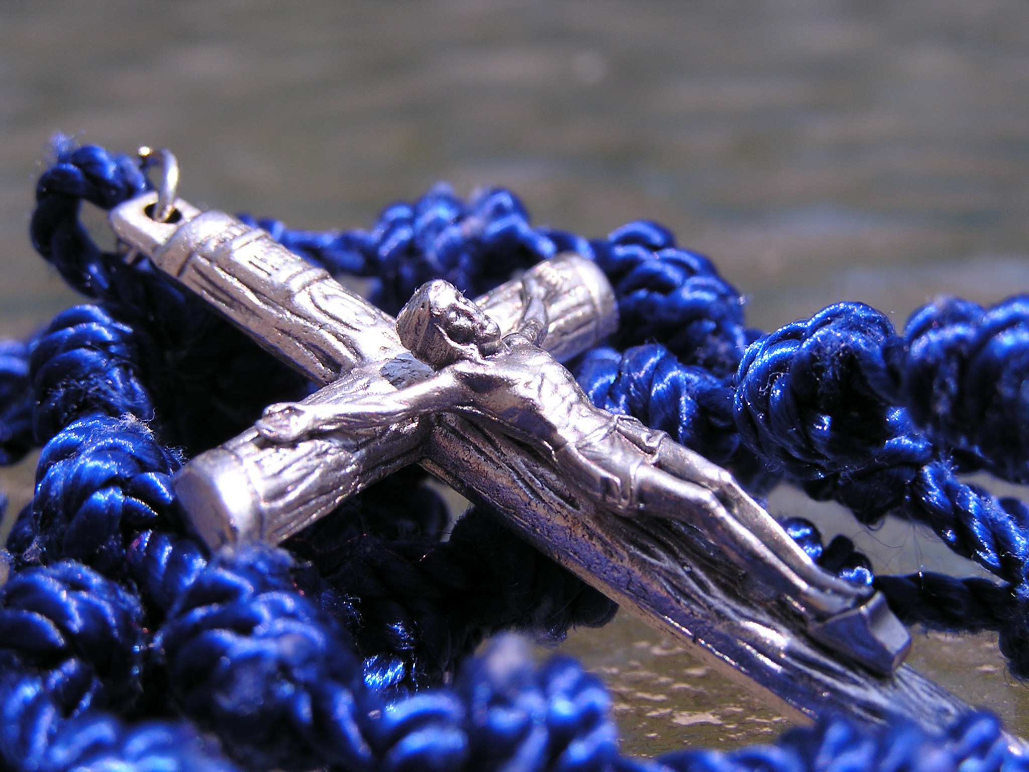 A blue all-twine knotted Rosary