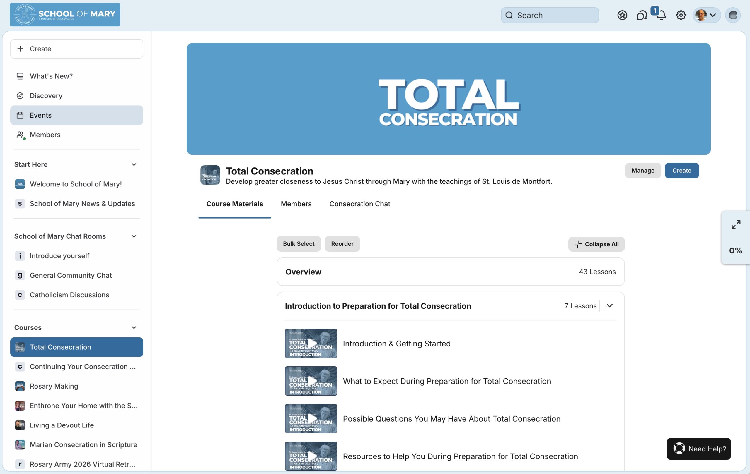 The School of Mary online community showing the Total Consecration course and lesson library